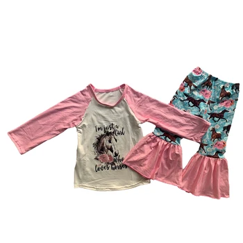 Оптовая торговля Одежда для девочек Весна Осень Розовый С Длинным Рукавом Набор Лошадь Цветочный Принт Бутик Детская Одежда