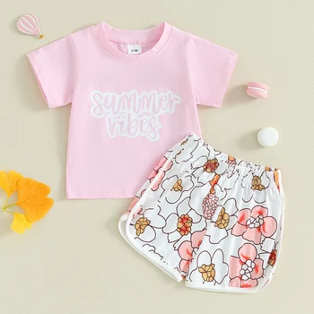 0-12M Девочки Летние шорты Наряды Футболка с коротким рукавом с буквенным принтом + Цветочные короткие брюки Комплекты Newborn Infant Повседневная одежда