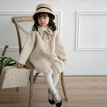 Зимние девочки Длинное модное хлопковое пальто Детские дети Принцесса Корейский стиль Утолщенный бант Однобортное пальто Детская теплая куртка
