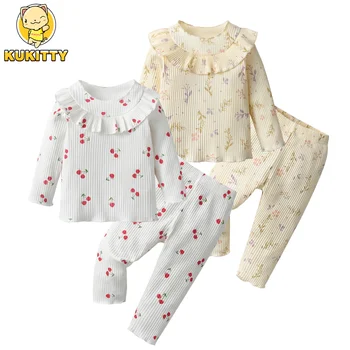 Новый повседневный комплект одежды для новорожденных девочек хлопковый топ с длинным рукавом с цветочным принтом + брюки 2 шт. Наряды для девочек для малышей для 0-24 месяцев
