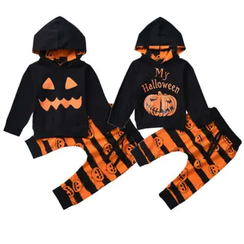 Хэллоуин Повседневная одежда для малышей Baby Girl Boy Набор одежды Тыква Топы с капюшоном Полосатые длинные брюки Осенние наряды