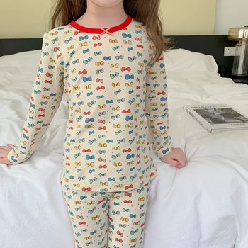 Детский пижамный комплект для девочек Домашняя одежда Дети с полным рукавом Бант Принт Пижамы Теплый флис Домашняя одежда Детская пижама 2PCS