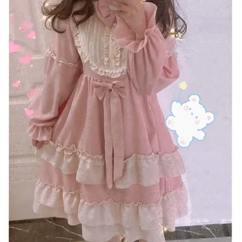 Японский Kawaii Lolita OP Платье с длинным рукавом Женщины Возлюбленная Розовый принт Вечеринка Мини Принцесса Платья Harajuku Y2k Платья