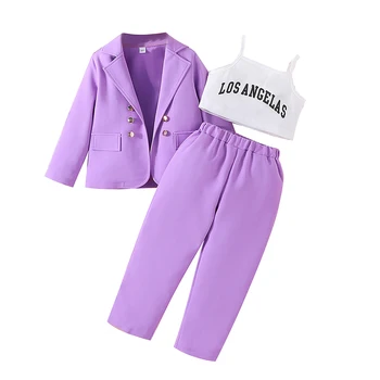 Girls 3 Peice Suit Sets Блейзер С длинным рукавом Пиджак Куртка с буквами Принт Camisole Брюки Осенний наряд для ребенка