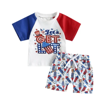  Малыши Девочки Мальчики Летняя одежда Комплекты нарядов ко Дню независимости Топы с коротким рукавом и буквенным принтом + галстук спереди шорты