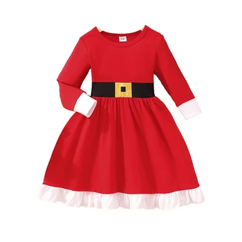 Девочки Рождественское платье Повседневное мини-платье с круглым вырезом и длинным рукавом Элегантное контрастный цвет Вечернее платье