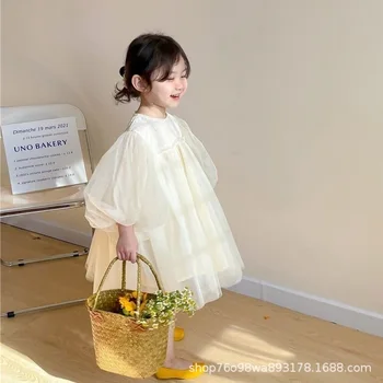 корейские девушки большие пышные рукава лолита платье для детей кружево тюль пляж праздник vestido дети носят платье цветочной девушки для свадеб