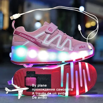 Роликовые кроссовки для детей и мальчиков Размер 28-40 Светодиодная подсветка Обувь с двойными колесами USB Зарядка Скейтборд Обувь для детей Мальчики Девочки
