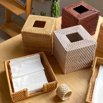 Скандинавская коробка для салфеток из ротанга Европейский винтаж креативный стол Стойка для салфеток Гостиная столовая Деревянная квадратная бумажная коробка