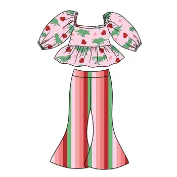 Малыш новая детская одежда ко Дню святого Валентина брюки-колокольчики с короткими рукавами красная и зеленая полосатая любовь одежда для девочки