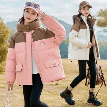 Disha Fairy Tale Color Matching Пуховое пальто для девочек Зима 2023 Новый однотонный белый утиный пух в корейском стиле Детский средней длины