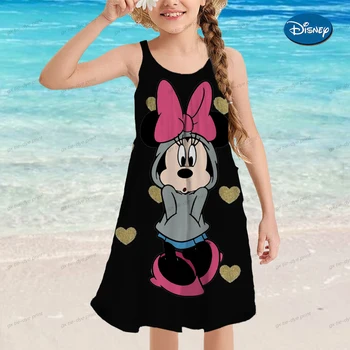Летнее платье для девочек Мода Disney Минни Микки Маус Принт Платья для девочек Детская одежда Новая детская пляжная одежда без рукавов