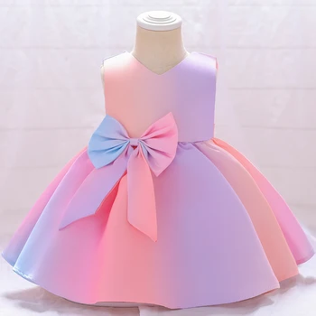 Красочный градиент Платье для девочек Лето 1-й день рождения Розовый бант Вечеринка Принцесса Детские платья для девочки Невеста Крестильные костюмы