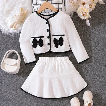 детские повседневные комплекты одежды наряды для девочек 2023 весна осень малыш милый бант с длинным рукавом белое пальто топы короткая юбка 1-8 лет