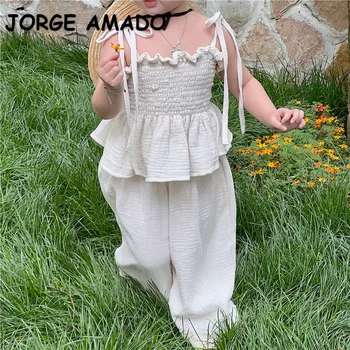 Новый летний костюм для девочки Agaric Edge Жилет без рукавов + свободные широкие брюки Мода Дети Из двух частей Комплект Одежда E302B